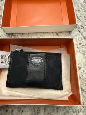 Coach Black Signature Zip Card Case with Logo Plaque